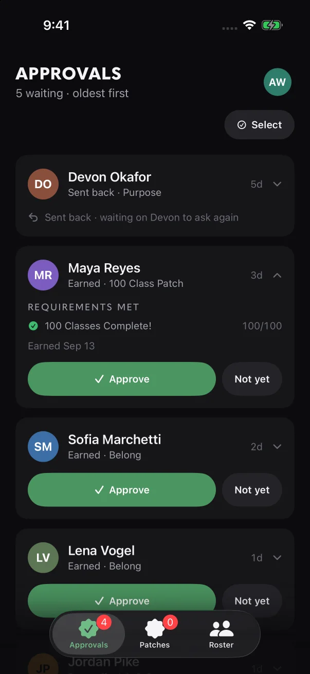 An open "Earned" card lists every requirement the member met, above Approve and Not yet.