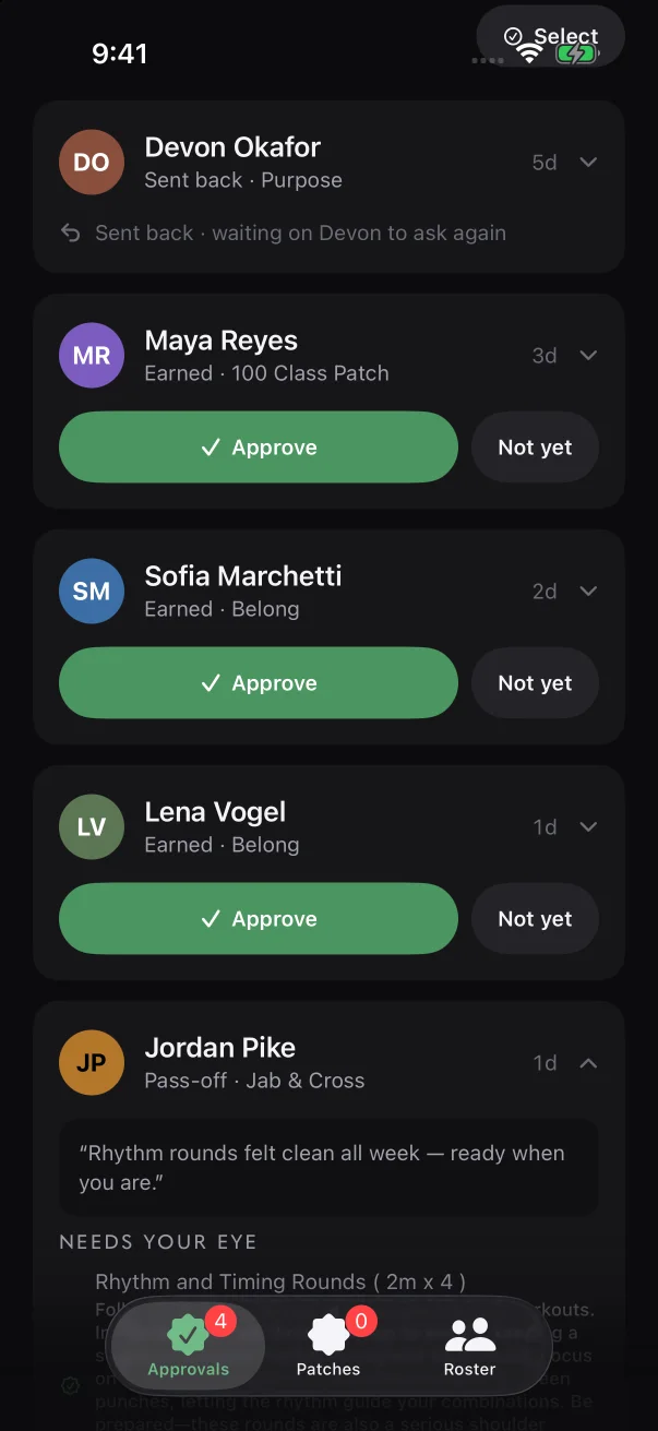 A sign-off request shows the member's note and, under "Needs your eye", every skill your approval covers.