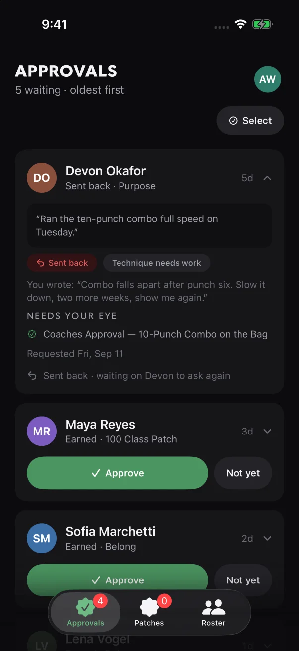 A sign-off request that was sent back shows the reasons and the coach's note, and has no buttons.