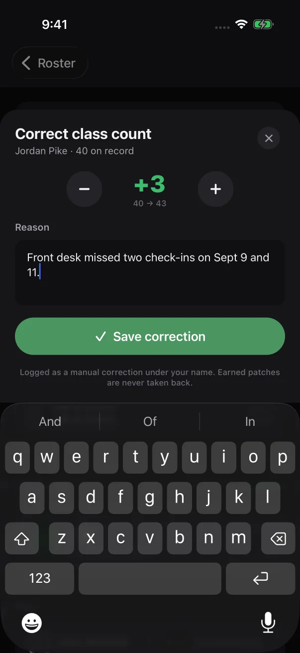The sheet shows the change, the new total and your reason before you save.