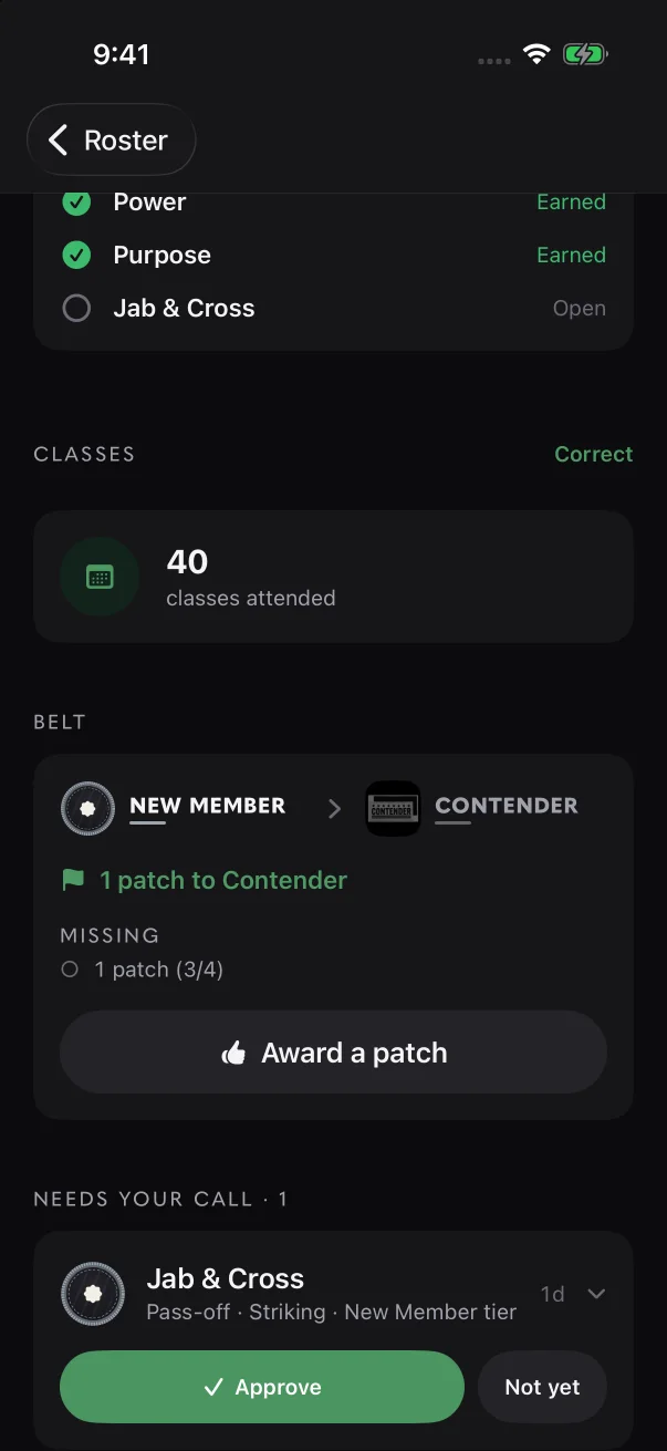 The line under the belts says what's left, and "Missing" lists each gap.