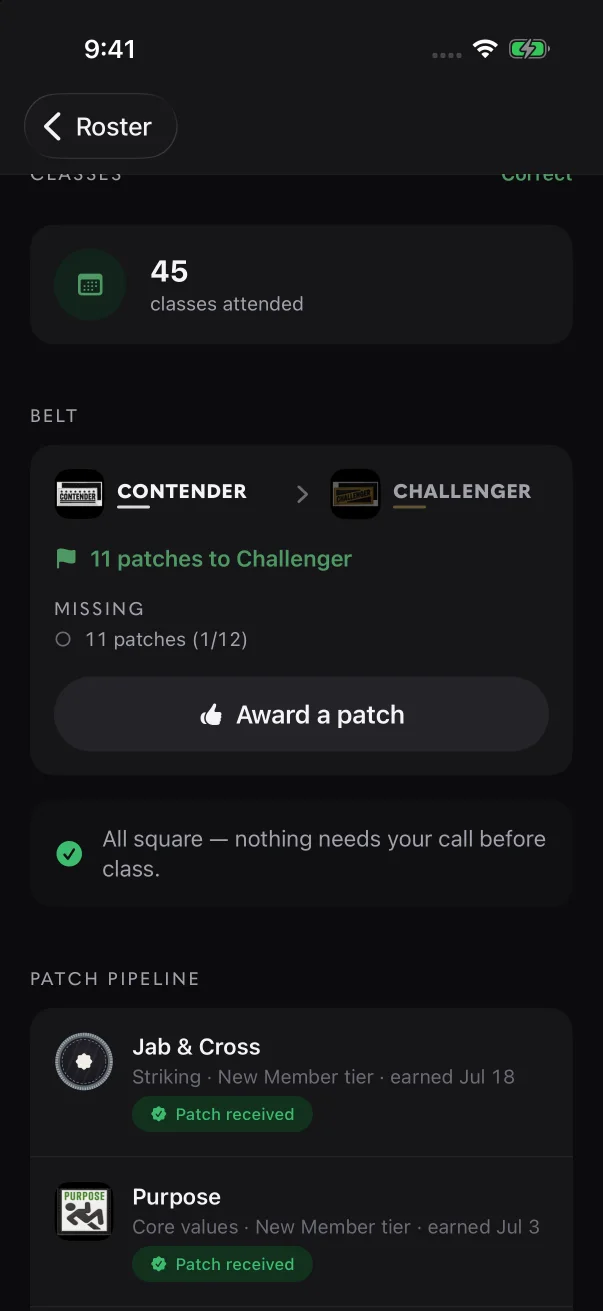 When nothing is waiting, the "All square" card sits under the Belt panel.