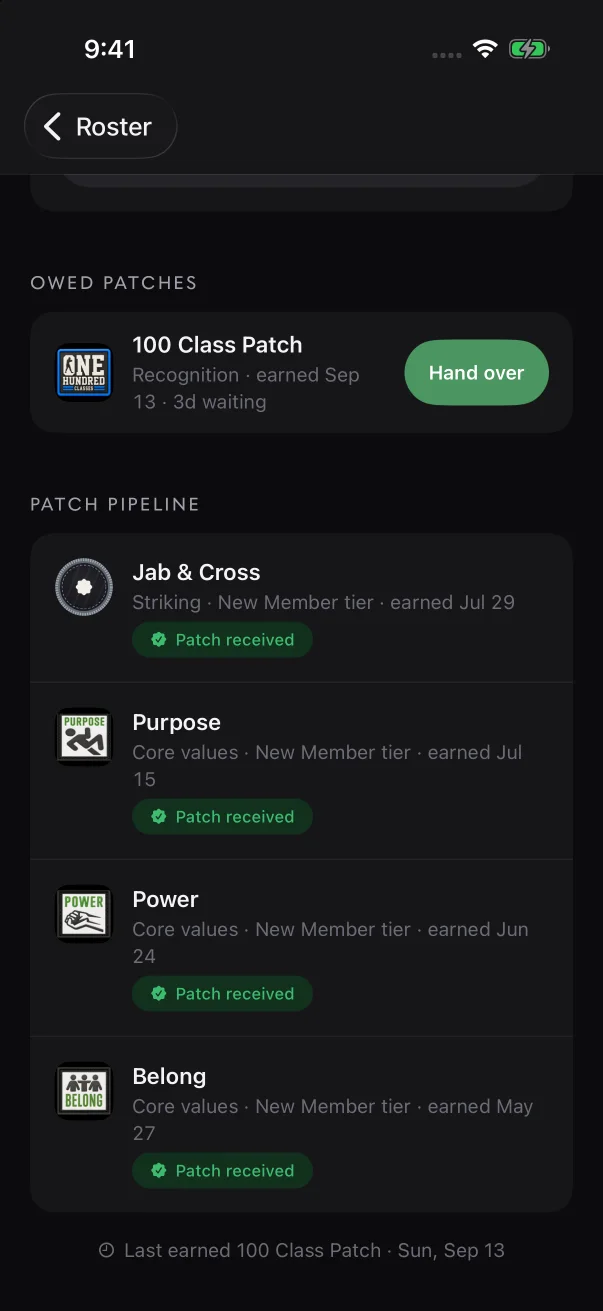On a member's page, each patch under "Owed patches" has its own Hand over button.