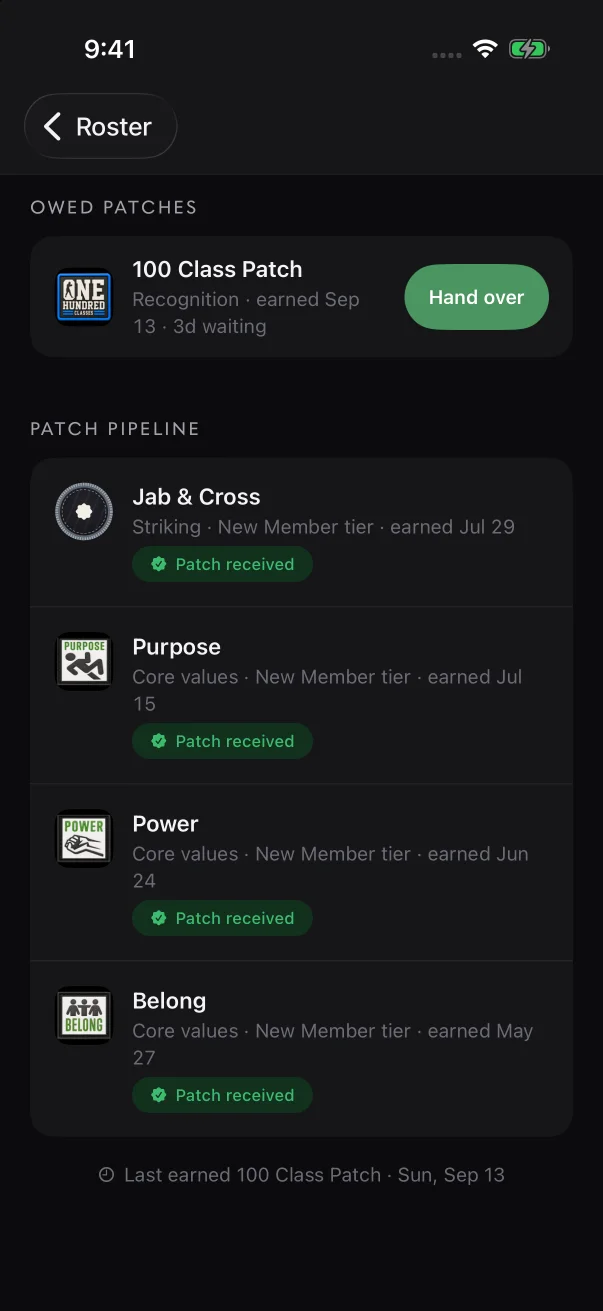 "Patch pipeline" lists patches already handed over, plus any that were sent back. A green "Patch received" means the member has confirmed it.