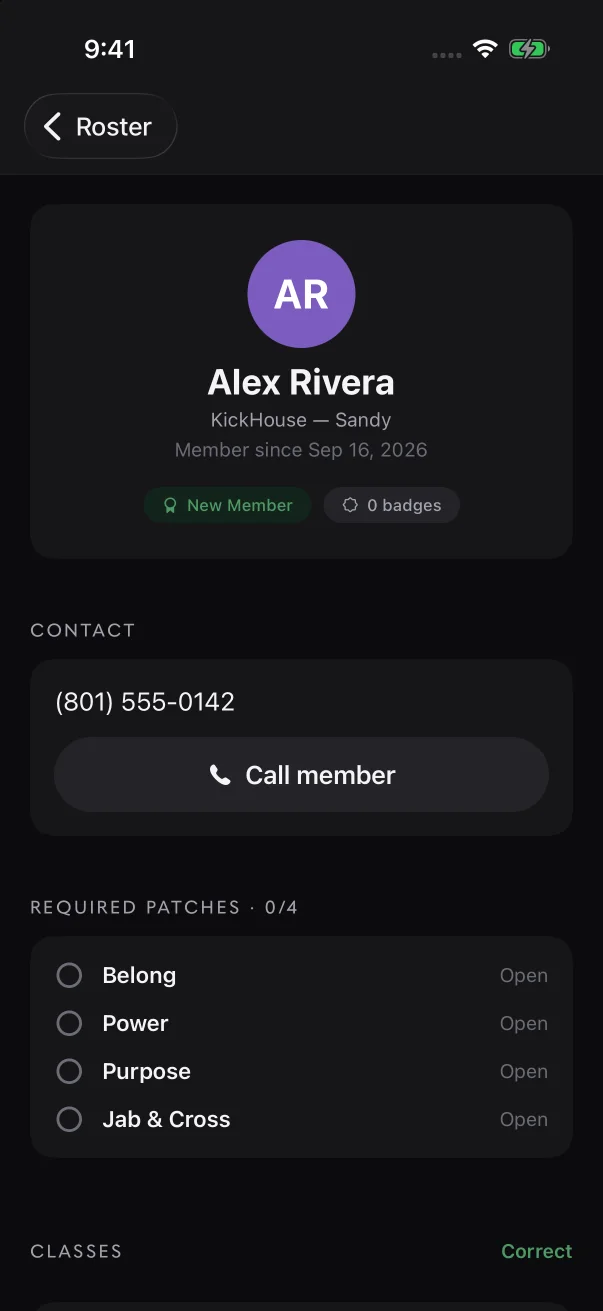 When a phone number is on file, "Contact" shows it with a Call member button.