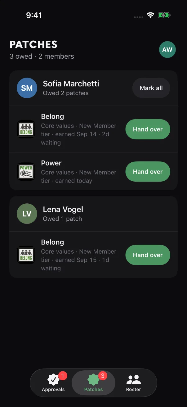 After a hand-over, that member's card is gone and the summary reads "3 owed · 2 members".