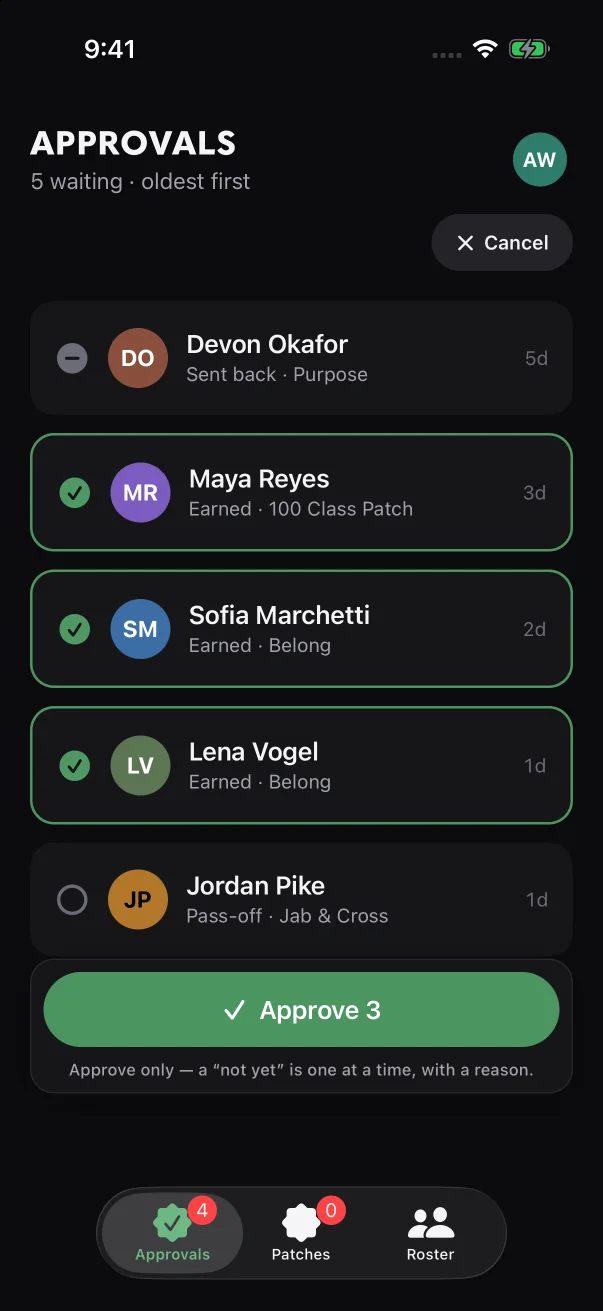 In Select mode each card is a tick box: ticked, empty, or grayed out when it was sent back and can't be approved.