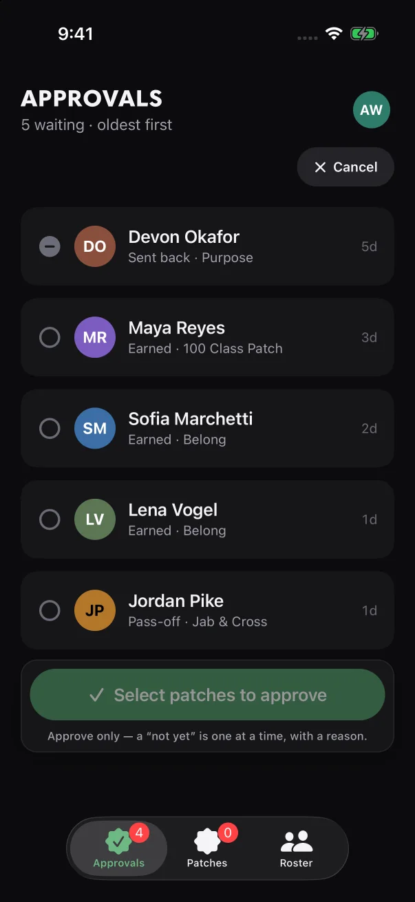 Until you tick a card, the button at the bottom reads "Select patches to approve".