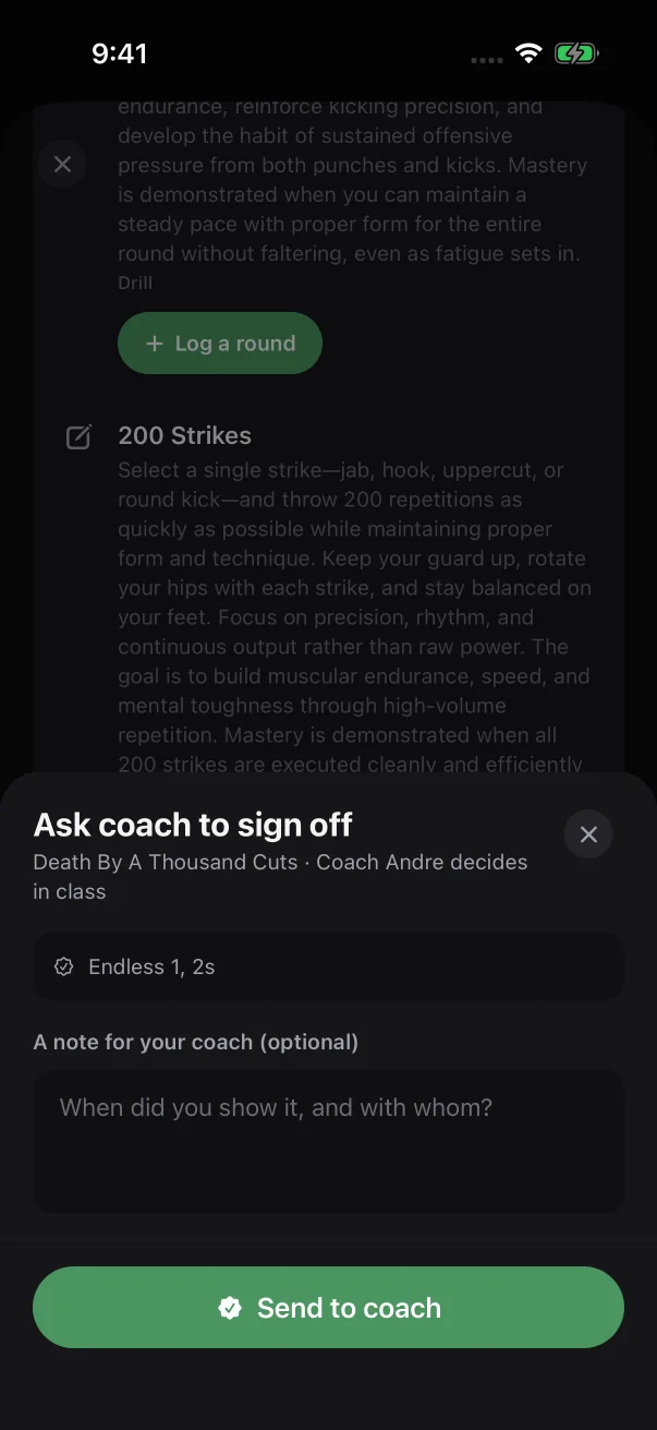 The sheet lists every coach-checked requirement the request covers, above an optional note.
