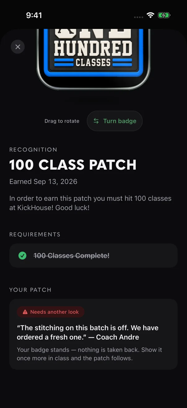 The member sees your words under Needs another look, with a line that says their badge stands.