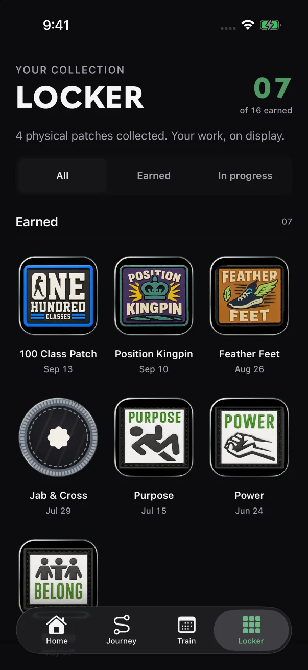 The count at the top right shows badges earned, and the line under the title counts physical patches the member has confirmed.