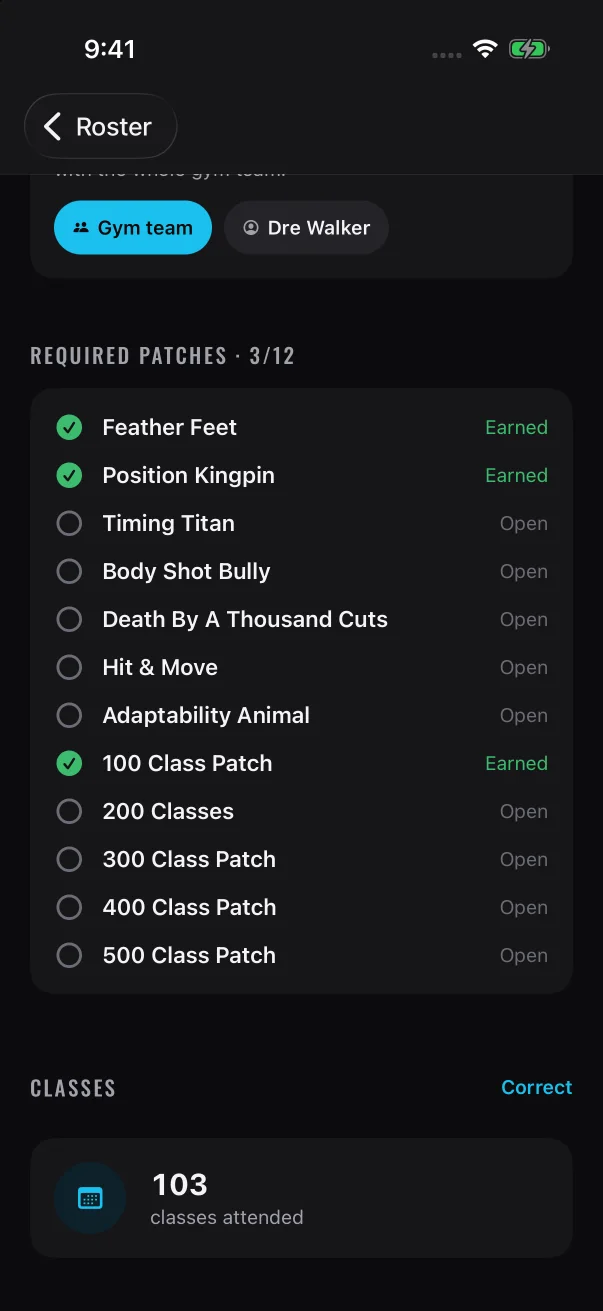 Each patch on the list reads "Earned" or "Open", and the "Classes" card sits below it with Correct at the right.