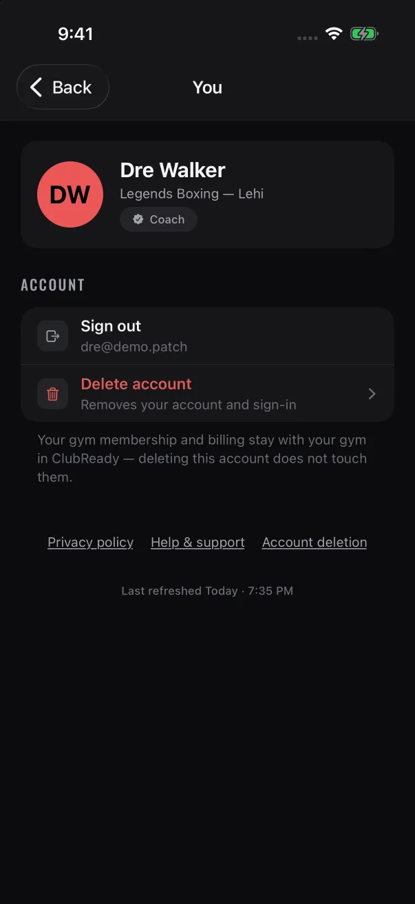 The "Coach" label confirms your account type. The address under Sign out is the one your administrator needs.