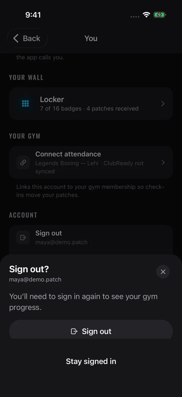 Every account gets this sheet (shown here over a member's You screen), so check the email address before you confirm.